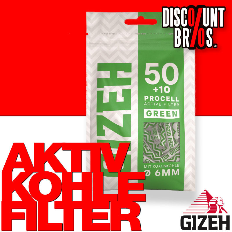 50+10 Stk. GIZEH GREEN Active Filter ProCell Aktivkohlefilter Filter Zigarettenfilter 6mm EXTRA-SLIM