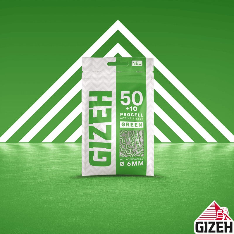 600 Stk. GIZEH GREEN Active Filter ProCell Aktivkohlefilter Filter Zigarettenfilter 6mm EXTRA-SLIM Verkaufsdisplay