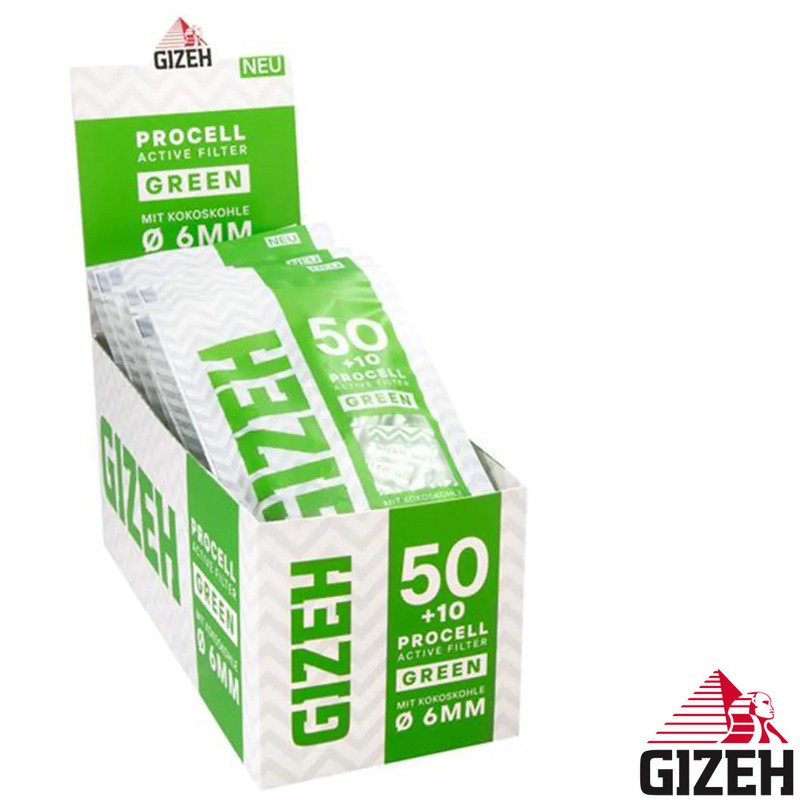 600 Stk. GIZEH GREEN Active Filter ProCell Aktivkohlefilter Filter Zigarettenfilter 6mm EXTRA-SLIM Verkaufsdisplay