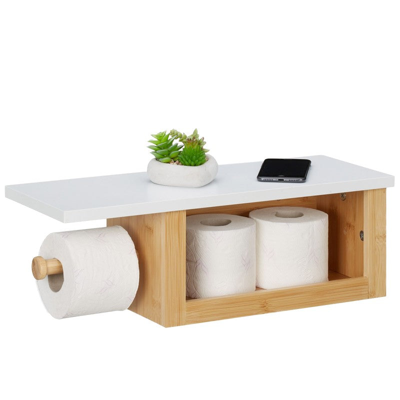Toilettenpapierhalter WC-PAPIER-HALTER mit Ablage und Fach aus Bambus-Holz