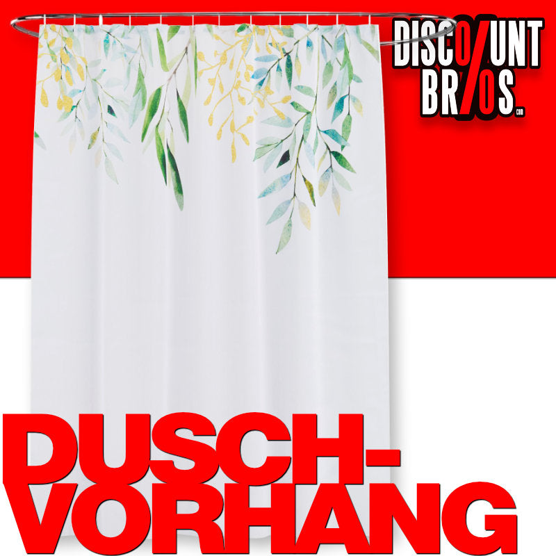 Textil DUSCHVORHANG Polyesterstoff mit Blätter Motiv in Grün, Gelb und Weiss + 12 Ringe 180×200cm