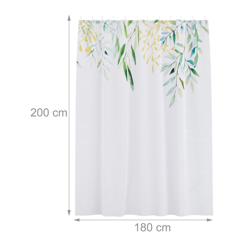 Textil DUSCHVORHANG Polyesterstoff mit Blätter Motiv in Grün, Gelb und Weiss + 12 Ringe 180×200cm