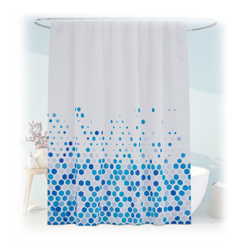 Textil DUSCHVORHANG Polyesterstoff mit Hexagon Motiv + 12 Ringe 180×200cm