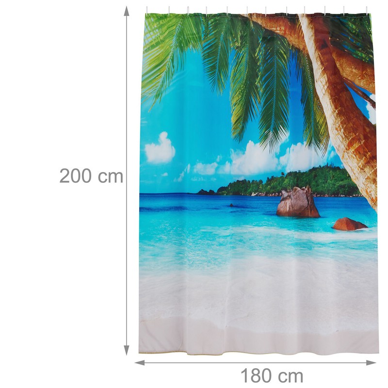 Textil DUSCHVORHANG Polyesterstoff mit Tropical Beach Motiv + 12 Ringe 180×200cm
