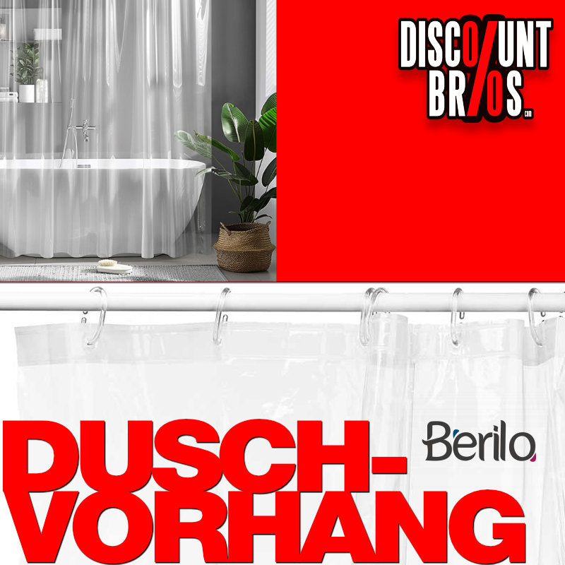 BERILO Transparenter DUSCHVORHANG + 12 Ringe 180×180cm