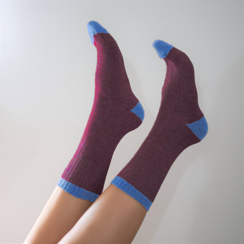 KLUE Merinowollsocken mit farbigen Bündchen | Burgund und Himmelblau