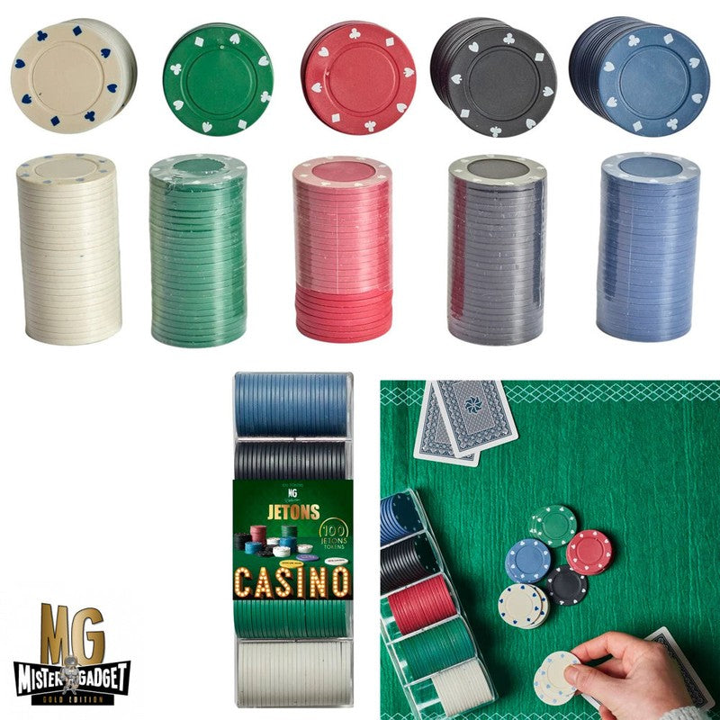 Mister Gadget POKER-SET mit 100 Pokerchips in 5 Farben