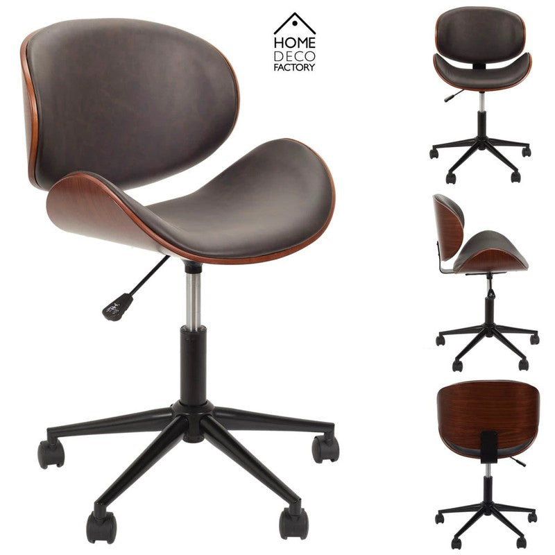 RENO Bürostuhl Retro BÜRO-STUHL Kunstleder Holz Schwarz HOME DECO FACTORY