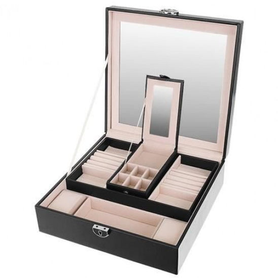 Schmuckkasten SCHMUCK-KOFFER Schmuckschatulle mit grossem Spiegel SCHWARZ