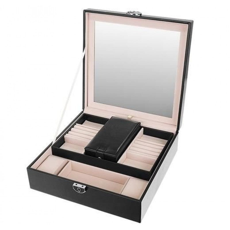 Schmuckkasten SCHMUCK-KOFFER Schmuckschatulle mit grossem Spiegel SCHWARZ