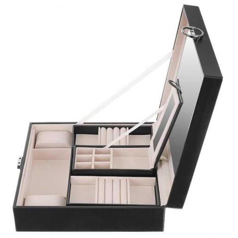 Schmuckkasten SCHMUCK-KOFFER Schmuckschatulle mit grossem Spiegel SCHWARZ