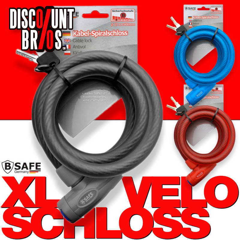 B-SAFE XL VELOSCHLOSS Fahrradschloss Spiralkabelschloss 140cm