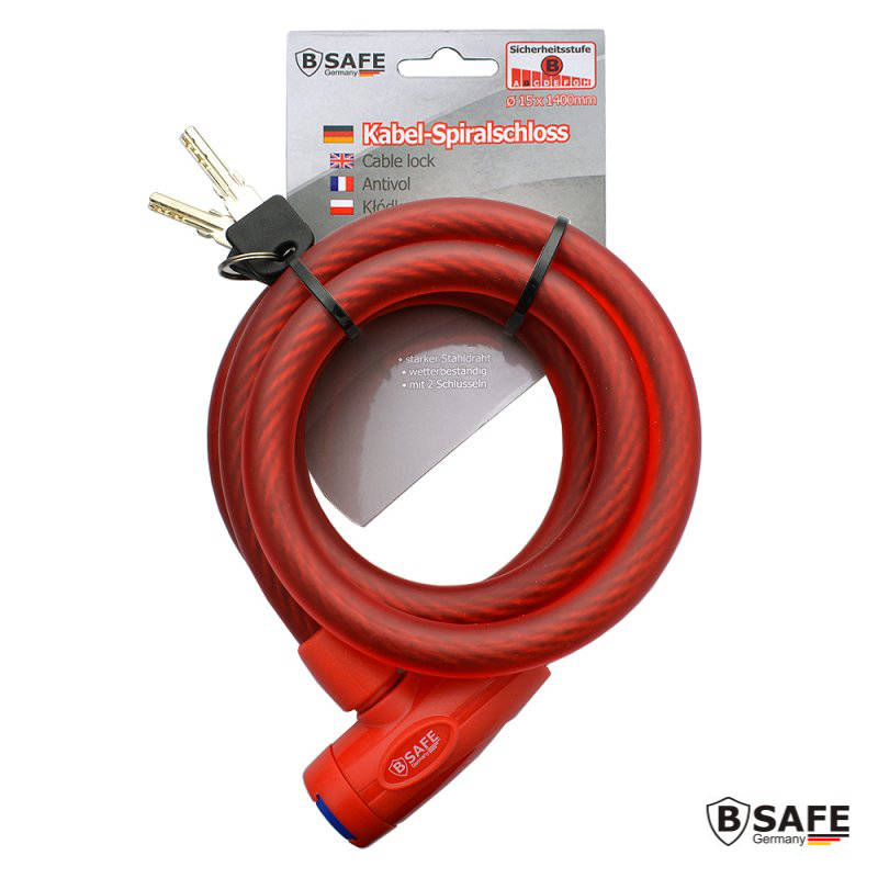 B-SAFE XL VELOSCHLOSS Fahrradschloss Spiralkabelschloss 140cm