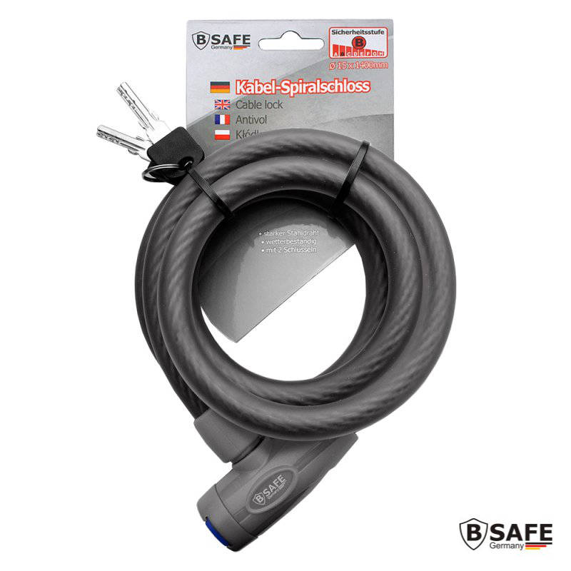 B-SAFE XL VELOSCHLOSS Fahrradschloss Spiralkabelschloss 140cm