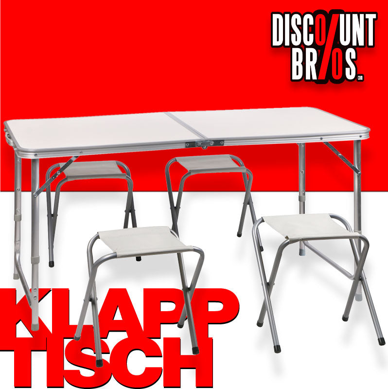 Campingtisch Mehrzwecktisch KLAPPTISCH mit 4 HOCKER Universaltisch faltbar höhenverstellbar 120×60cm