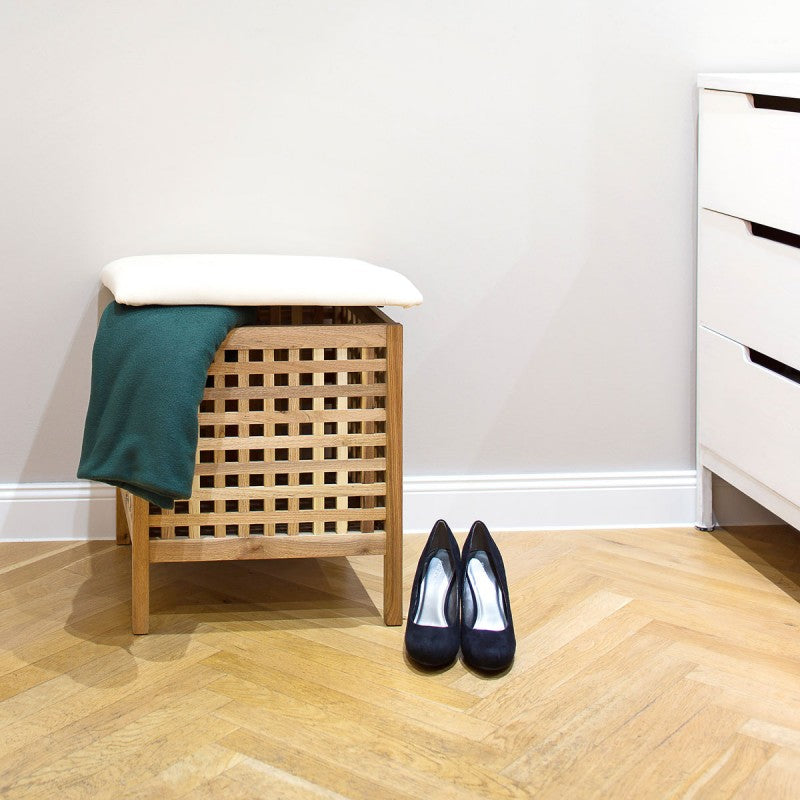 Wäschebox SITZ-HOCKER Badhocker mit Stauraum aus Walnuss-Holz