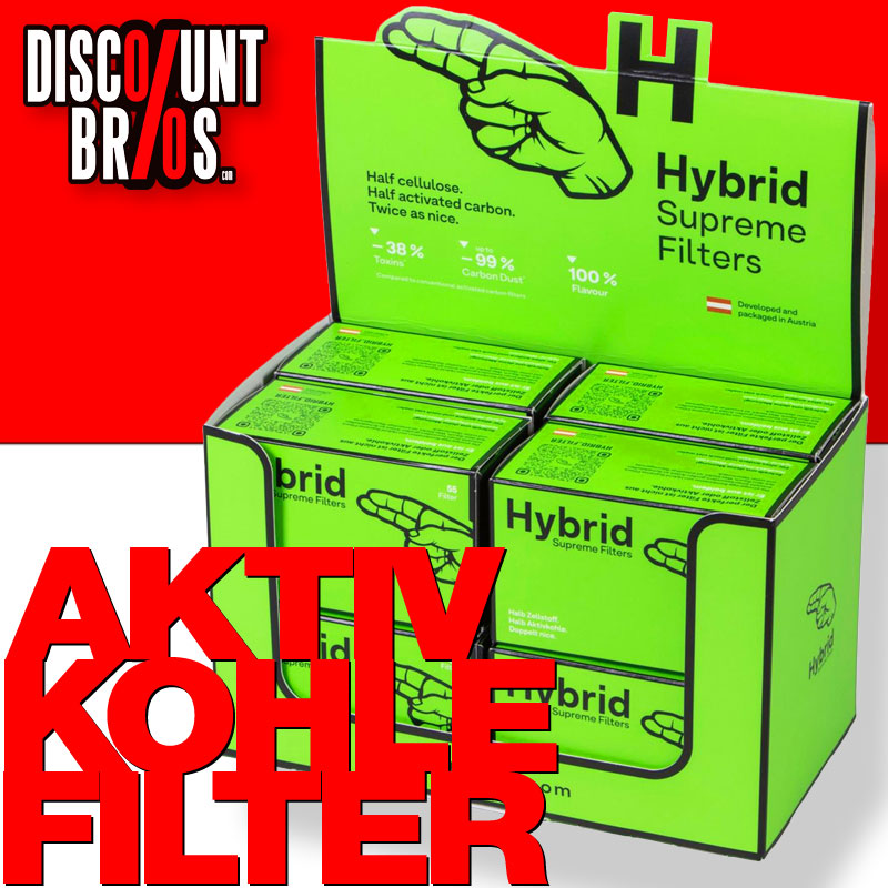 DISPLAY 8 × Hybrid Supreme AKTIVKOHLEFILTER 6.4 mm Extra Slim (55 Stück) – Zellstoff & Kokoskohlefilter