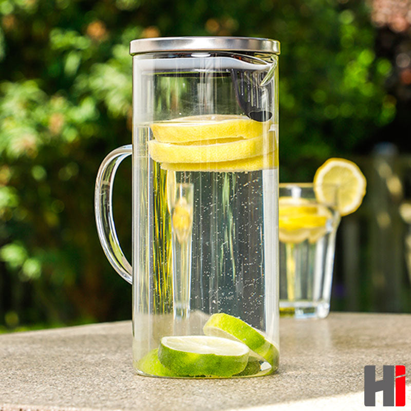 1,3 Liter KÜHLSCHRANK KRUG mit DECKEL Glaskaraffe Glas + Edelstahl