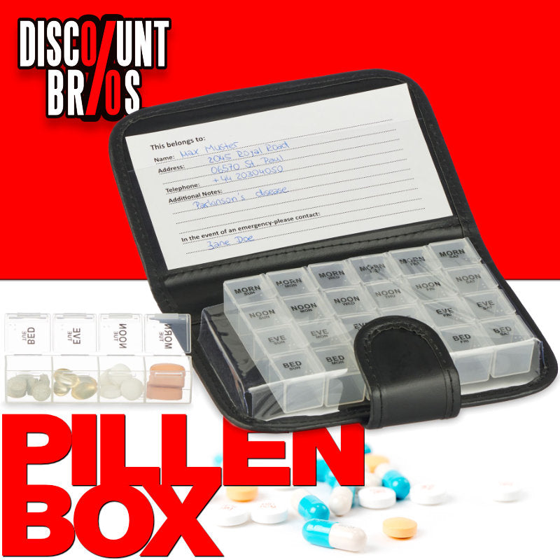 Tablettenbox PILLENBOX MIT ETUI Pillendose Wochenbox 7 Tage 4 Fächer – Medikamentenorganizer für eine Woche EN