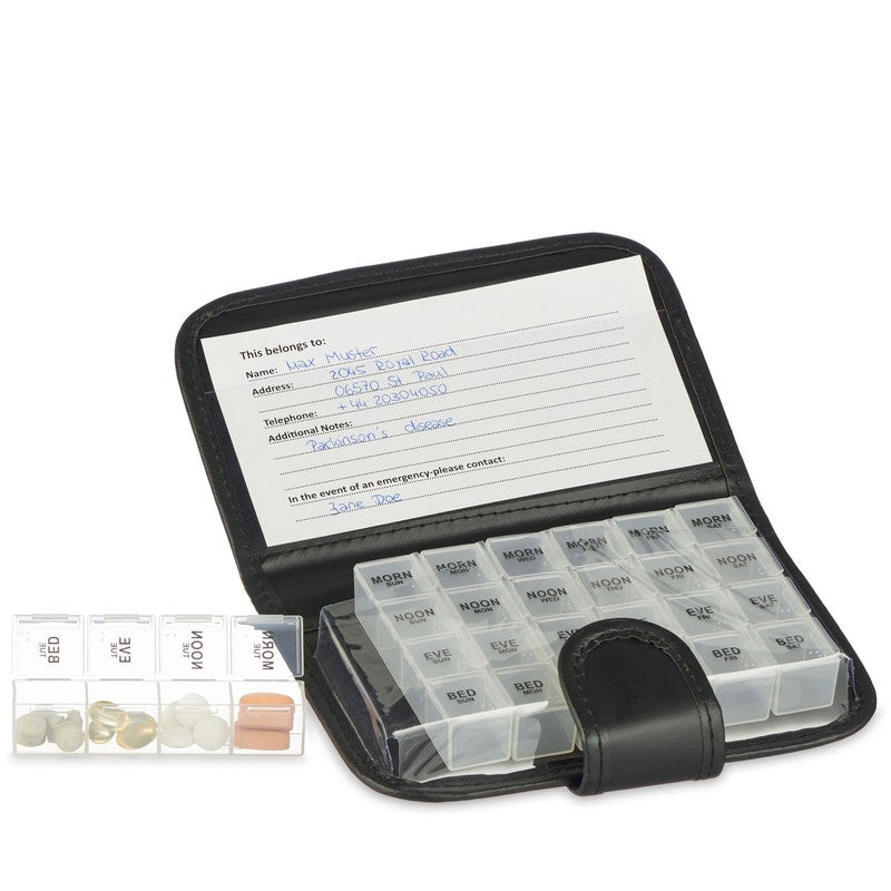 Tablettenbox PILLENBOX MIT ETUI Pillendose Wochenbox 7 Tage 4 Fächer – Medikamentenorganizer für eine Woche EN