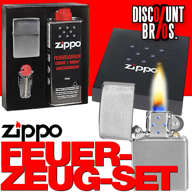 Zippo Raucherset FEUERZEUG-SET Benzinfeuerzeug Chrom-Gebürstet, Feuerzeugbenzin, Feuersteine + Geschenkbox