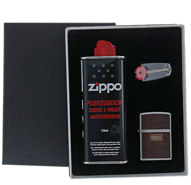 Zippo Raucherset FEUERZEUG-SET Benzinfeuerzeug "Leather Wrap", Feuerzeugbenzin, Feuersteine + Geschenkbox