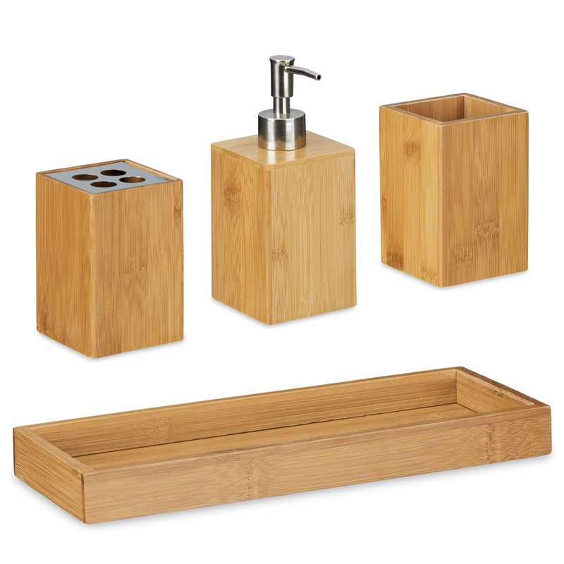 Bambus Waschtisch- BAD-SET Bad Accessoires Set mit Seifenspender 4tlg.