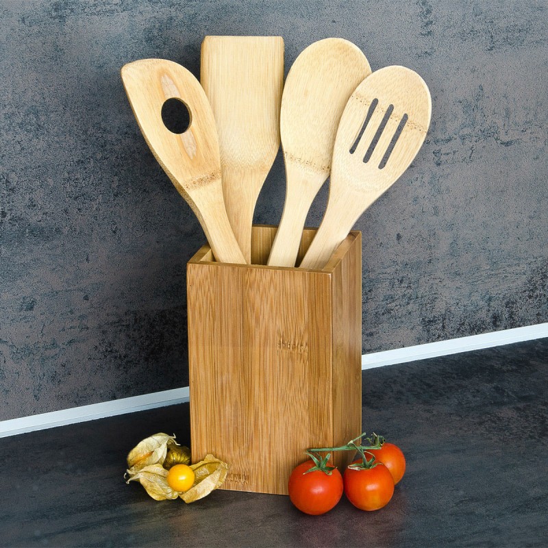 Küchenhelfer KOCHLÖFFEL mit Halter aus Bambus Holz 5er Set HAUSHALT