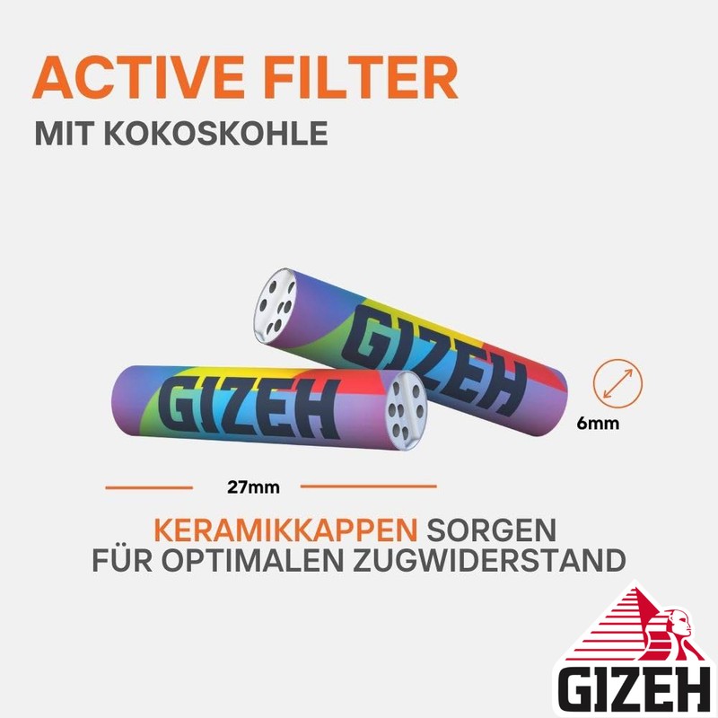 210 Stk. GIZEH RAINBOW Active Zigarettenfilter Filter Aktivkohlefilter mit Kokoskohle 6mm EXTRA-SLIM