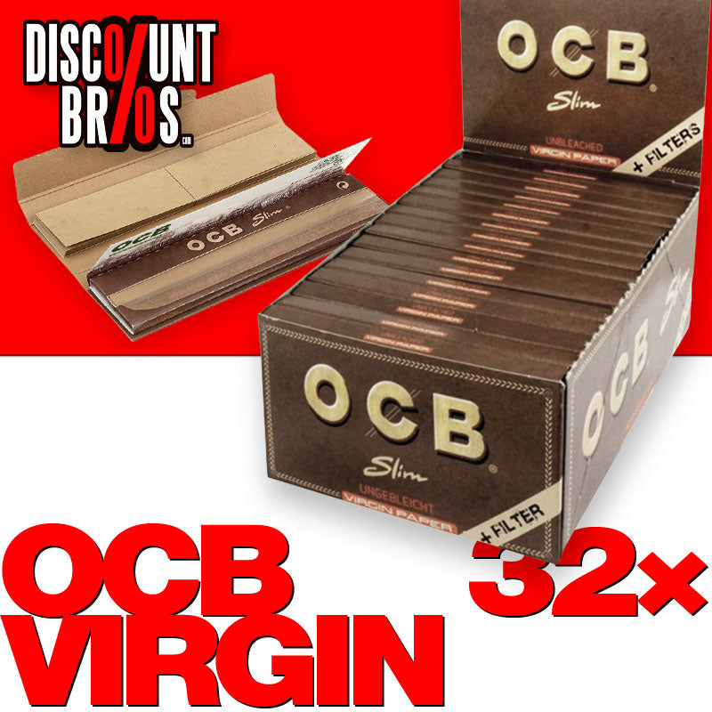 32 × Superdünne, ungebleichte OCB VIRGIN Slim Unbleached Papers Zigarettenpapier + Filter Tips 32 Blatt 109×44mm