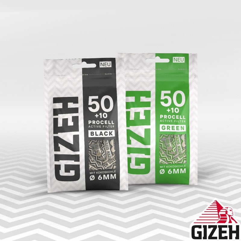 50+10 Stk. GIZEH GREEN Active Filter ProCell Aktivkohlefilter Filter Zigarettenfilter 6mm EXTRA-SLIM