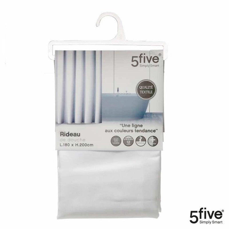 5five Textil DUSCHVORHANG Polyesterstoff in Baumwoll Optik + 12 Ringe 180×200cm WEISS