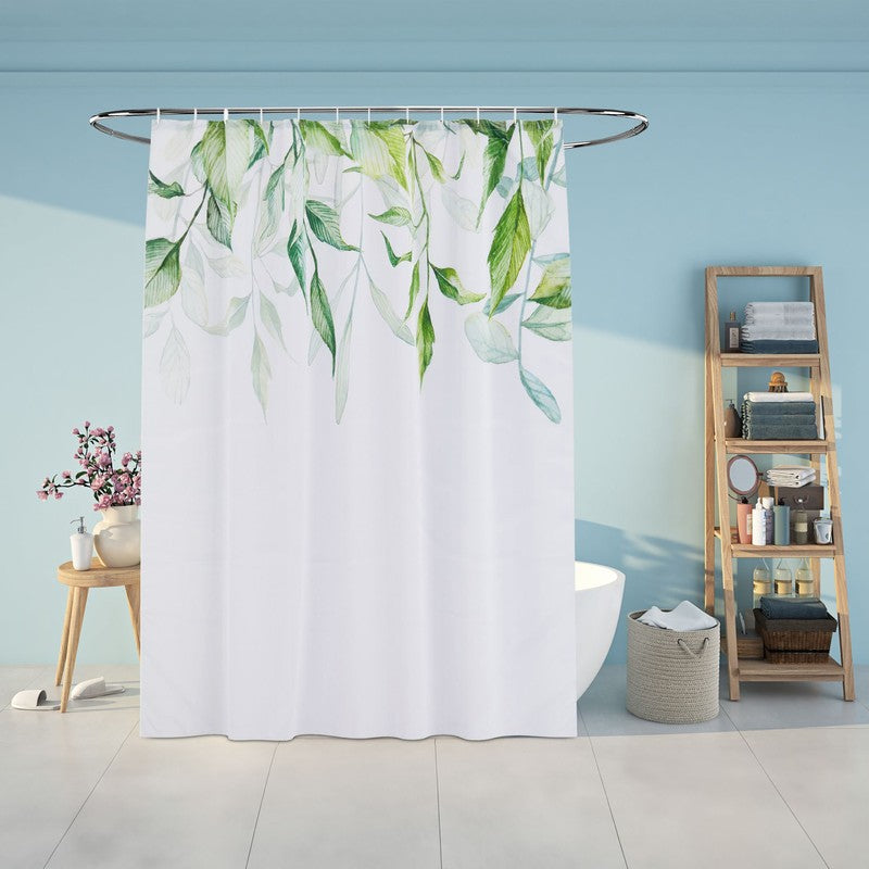 Textil DUSCHVORHANG Polyesterstoff mit Blätter Motiv in Grün und Weiss + 12 Ringe 180×200cm