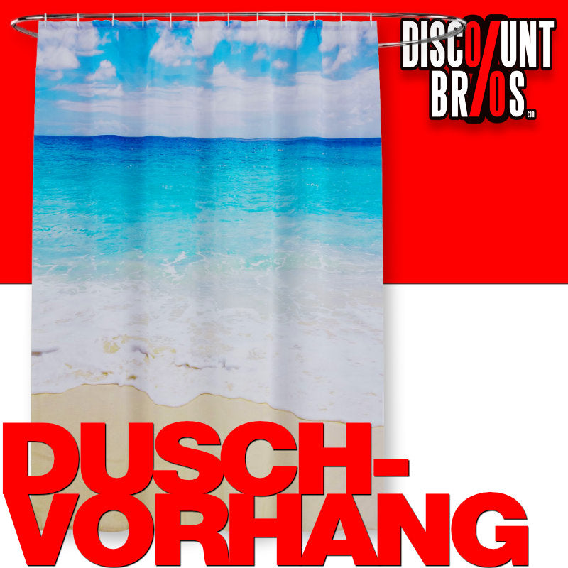 Textil DUSCHVORHANG Polyesterstoff mit Strand Motiv + 12 Ringe 180×200cm