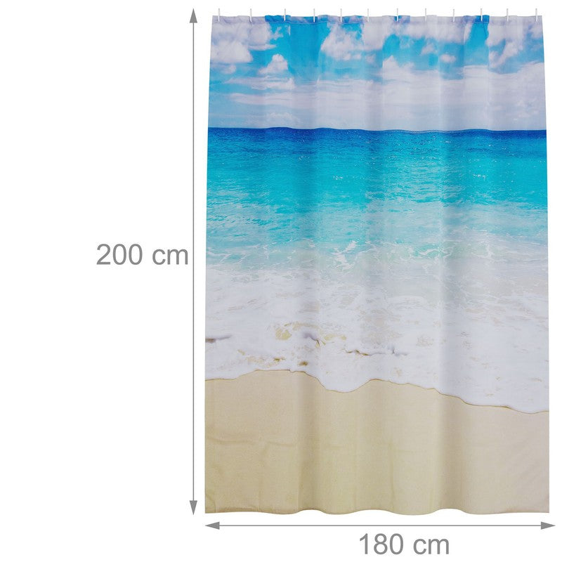 Textil DUSCHVORHANG Polyesterstoff mit Strand Motiv + 12 Ringe 180×200cm
