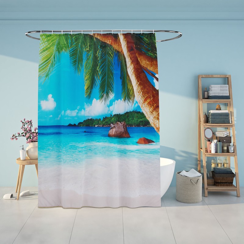 Textil DUSCHVORHANG Polyesterstoff mit Tropical Beach Motiv + 12 Ringe 180×200cm