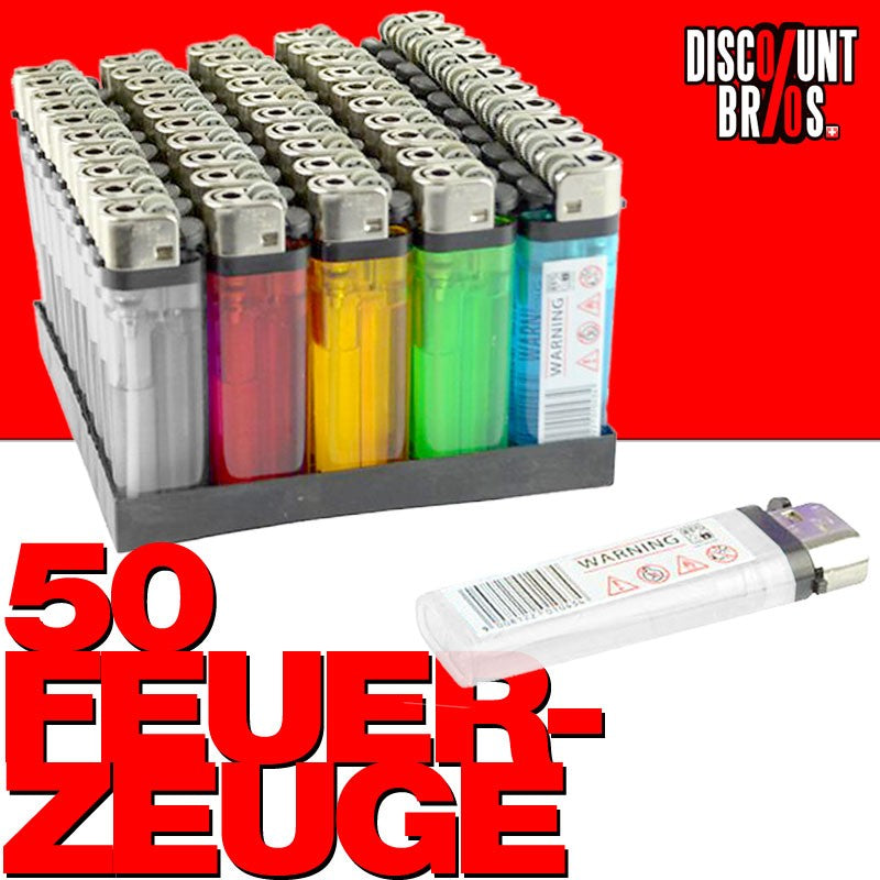 50 Einwegfeuerzeuge FEUERZEUGE mit Kindersicherung farbig transparent