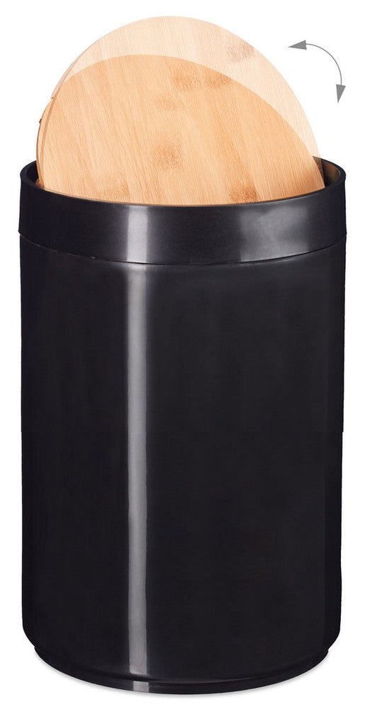 Kosmetikeimer MÜLLEIMER Kücheneimer Abfalleimer mit Bambus-Schwingdeckel 5,5 Liter SCHWARZ