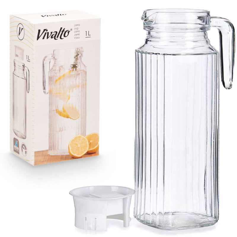 1 Liter KÜHLSCHRANK KRUG mit DECKEL Glaskrug Wasserkrug Glaskaraffe Glas VIVALTO
