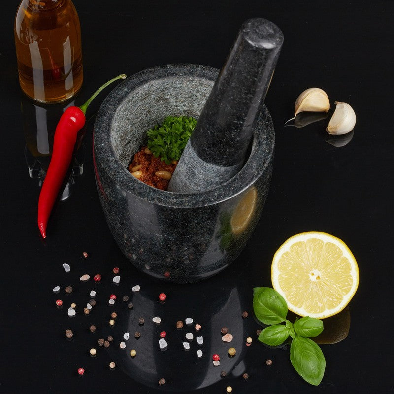 Granit MÖRSER mit Stössel aus schwarzem Stein Ø13cm