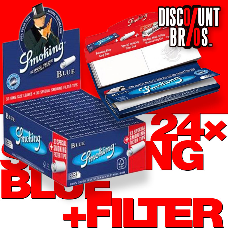 24 × SMOKING BLUE King Size Papers Blau 33 Blatt Zigarettenpapier + Filter Tips 108×52mm
