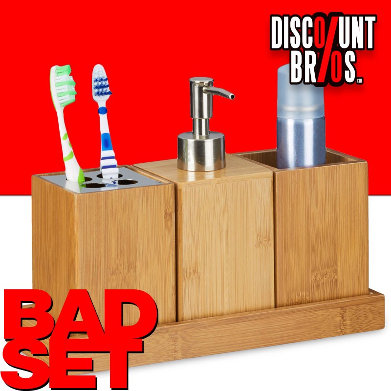 Bambus Waschtisch- BAD-SET Bad Accessoires Set mit Seifenspender 4tlg.