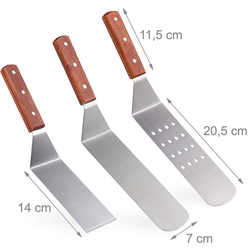 3er Set Grill PFANNENWENDER Kochbesteck Grillspachtel Kochspachtel Edelstahl mit Holzgriffen